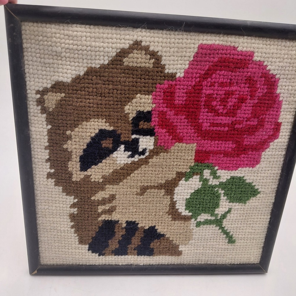 Raccoon & Rose Needlepoint Woodland Wall Art Nursery Cottage Cabin Framed
